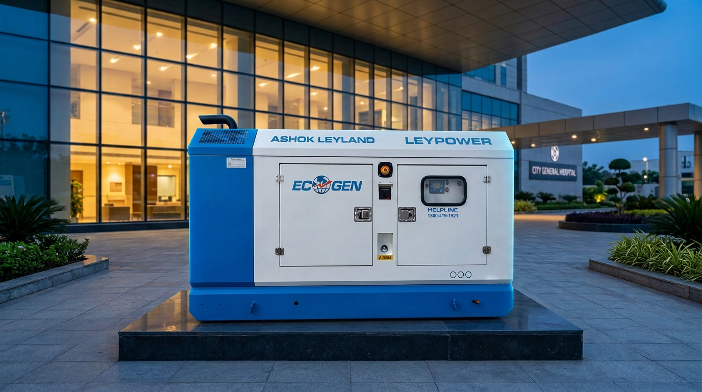 EcoGen Ashok Leyland LEYPOWER generator installed on a plinth outside a hospital