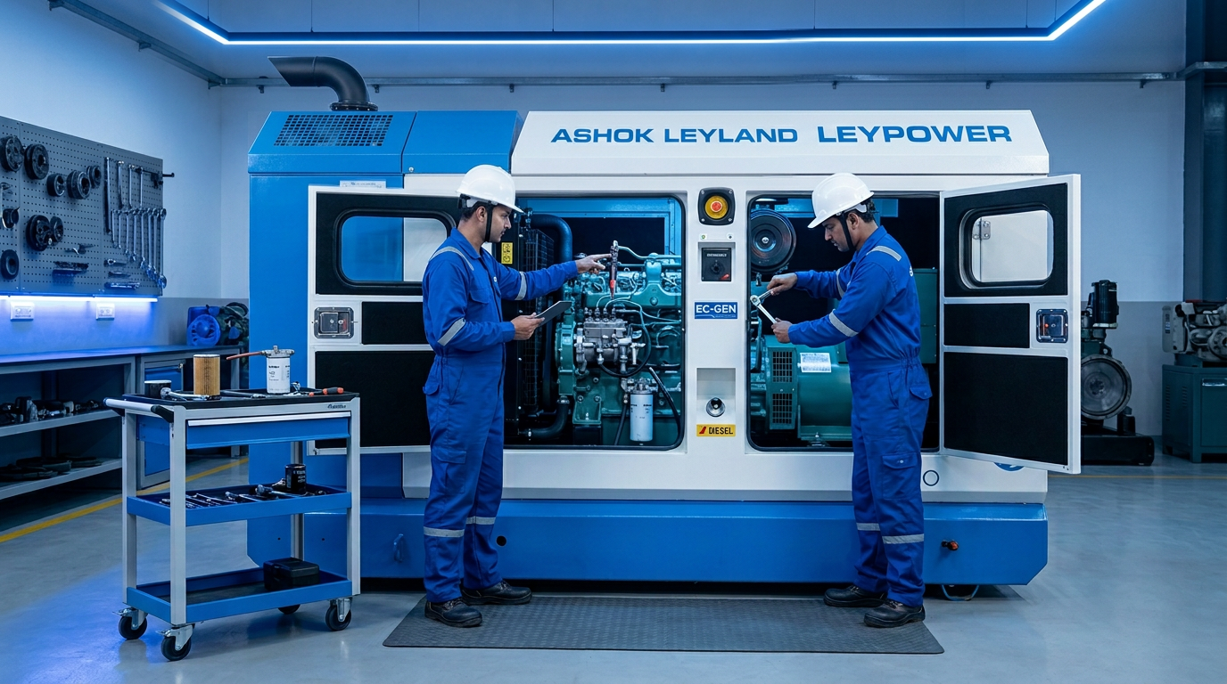 Engineers servicing an EcoGen generator with its enclosure doors open in a workshop